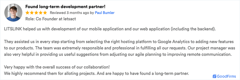 Litslink, client review snippet. Goodfirms 